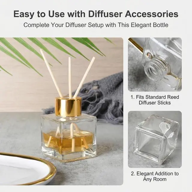 Alt view image 5 of 7 - 2Pcs 50ml/1.7oz Empty Refillable Clear Square Glass Diffuser Bottle with Gold Cap Room Fragrance Diffuser Decorative Essential Oil Jars Containers for Home Office Desk Decor