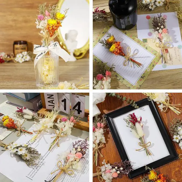 Alt view image 3 of 7 - 6Pcs Mini Dried Flowers Bouquet, Mixed Natural Dried Flowers Gypsophila Bouquets Boutonniere Table Centerpieces Birthday Cake Flowers for DIY Crafts with 3 Flower Stickers 10m Hemp Rope