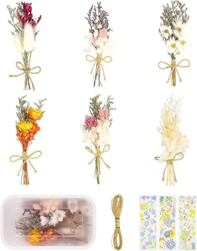 Alt view image 6 of 7 - 6Pcs Mini Dried Flowers Bouquet, Mixed Natural Dried Flowers Gypsophila Bouquets Boutonniere Table Centerpieces Birthday Cake Flowers for DIY Crafts with 3 Flower Stickers 10m Hemp Rope