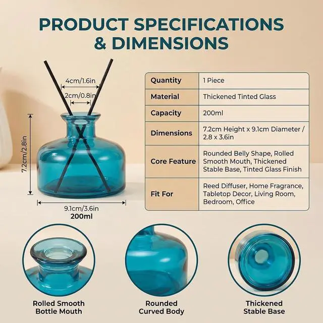Alt view image 2 of 7 - 200ml/6.7oz Empty Blue Round Glass Diffuser Bottle Refillable Scented Oil Diffuser Containers Fragrance Accessories Use for DIY Bedroom Bathroom Home Decor
