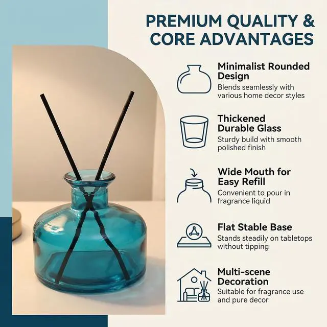 Alt view image 4 of 7 - 200ml/6.7oz Empty Blue Round Glass Diffuser Bottle Refillable Scented Oil Diffuser Containers Fragrance Accessories Use for DIY Bedroom Bathroom Home Decor