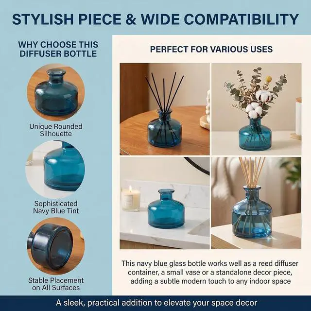 Alt view image 6 of 7 - 200ml/6.7oz Empty Blue Round Glass Diffuser Bottle Refillable Scented Oil Diffuser Containers Fragrance Accessories Use for DIY Bedroom Bathroom Home Decor