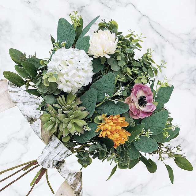 Alt view image 2 of 7 - Mixed Eucalyptus Leaves Stems Bulk Artificial Eucalyptus Leaves Sprays Faux Oval Eucalyptus Leaves with White Seeds Stems for Floral Wreath Garland Bouquets Arrangement Wedding Greenery Decoration