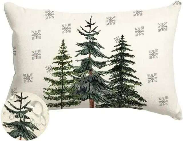 Main image of RABUSOFA Christmas Outdoor Pillow Covers 12x20 Inch Waterproof Christmas Trees Decoration Winter Snowflake Holiday Lumbar Decorative Cushion Cases for Home Patio Couch Green Pine