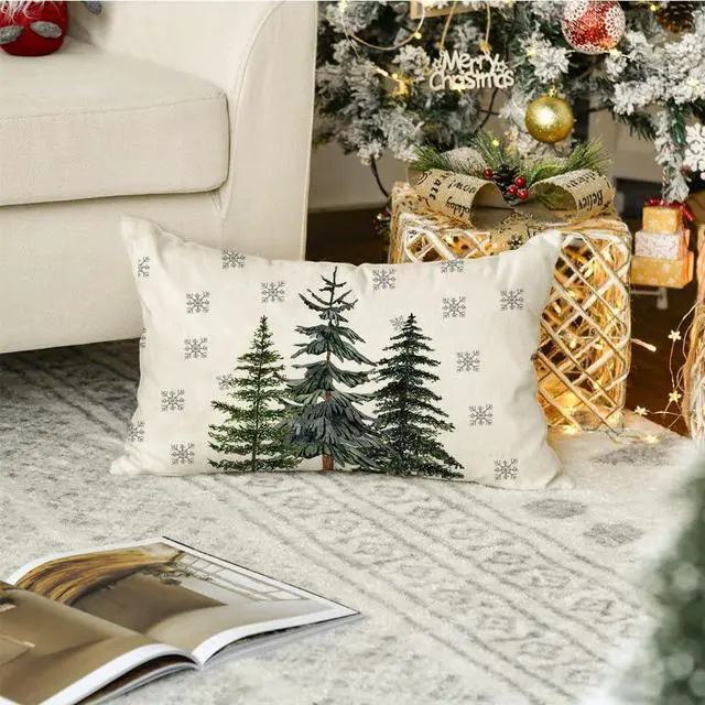 Alt view image 2 of 7 - RABUSOFA Christmas Outdoor Pillow Covers 12x20 Inch Waterproof Christmas Trees Decoration Winter Snowflake Holiday Lumbar Decorative Cushion Cases for Home Patio Couch Green Pine