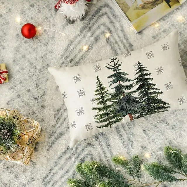 Alt view image 3 of 7 - RABUSOFA Christmas Outdoor Pillow Covers 12x20 Inch Waterproof Christmas Trees Decoration Winter Snowflake Holiday Lumbar Decorative Cushion Cases for Home Patio Couch Green Pine