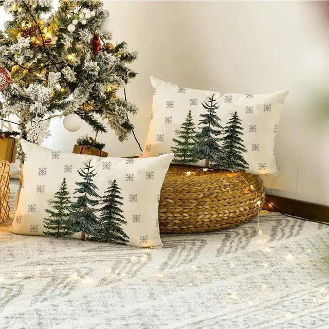 Alt view image 5 of 7 - RABUSOFA Christmas Outdoor Pillow Covers 12x20 Inch Waterproof Christmas Trees Decoration Winter Snowflake Holiday Lumbar Decorative Cushion Cases for Home Patio Couch Green Pine