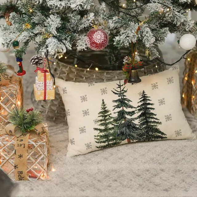 Alt view image 4 of 7 - RABUSOFA Christmas Outdoor Pillow Covers 12x20 Inch Waterproof Christmas Trees Decoration Winter Snowflake Holiday Lumbar Decorative Cushion Cases for Home Patio Couch Green Pine