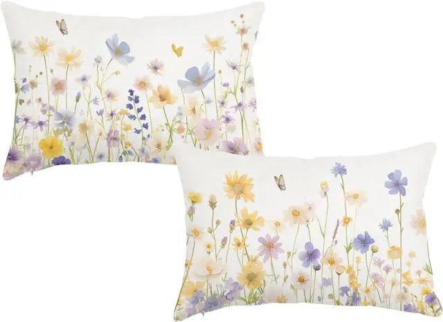 Main image of Spring Summer Pillow Covers 12x20 Inch Set of 2 Daisy Floral Throw Lumbar Pillow Cases Outdoor Decorative Cushion Covers for Sofa Couch Patio Farmhouse Home Decor