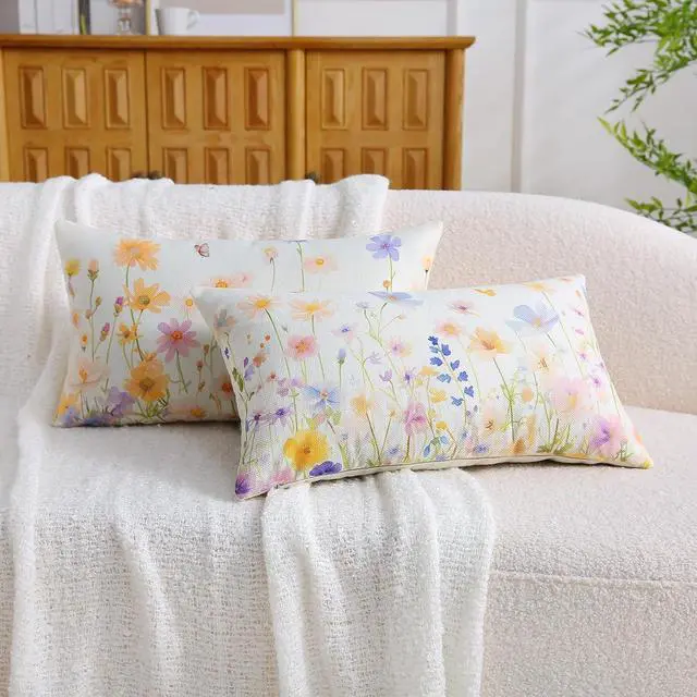 Alt view image 3 of 7 - Spring Summer Pillow Covers 12x20 Inch Set of 2 Daisy Floral Throw Lumbar Pillow Cases Outdoor Decorative Cushion Covers for Sofa Couch Patio Farmhouse Home Decor