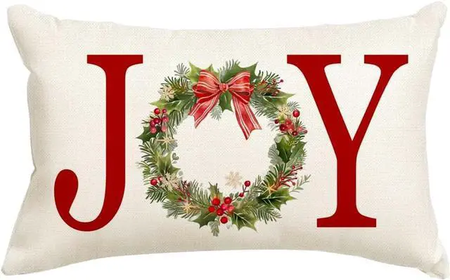 Main image of Christmas Pillow Covers 12x20,Joy Wreath Outdoor Lumbar Decoration for Home