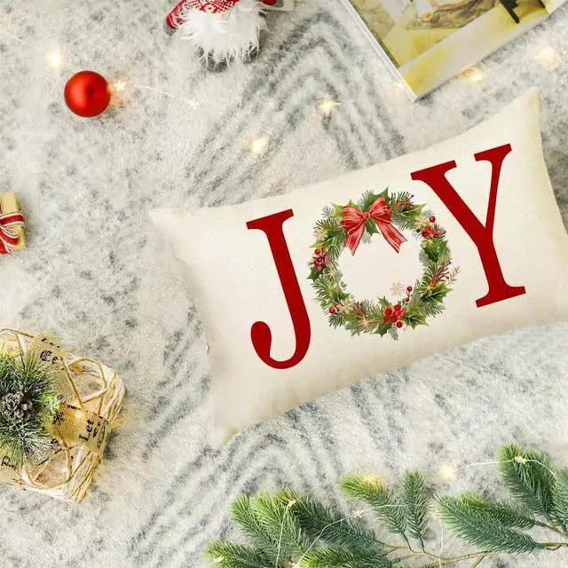 Alt view image 6 of 7 - Christmas Pillow Covers 12x20,Joy Wreath Outdoor Lumbar Decoration for Home