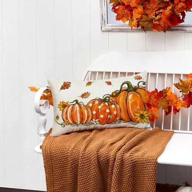 Alt view image 5 of 7 - Fall Pillow Covers 12x20,Pumpkin Thanksgiving Outdoor Autumn Lumbar Orange
