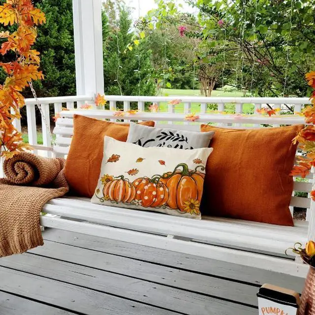 Alt view image 6 of 7 - Fall Pillow Covers 12x20,Pumpkin Thanksgiving Outdoor Autumn Lumbar Orange