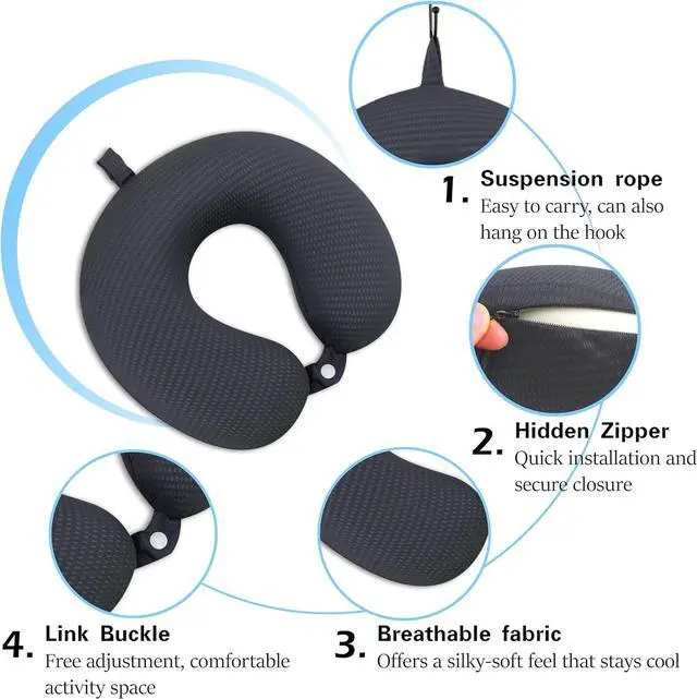 Alt view image 2 of 7 - Neck Pillow Cover, Breathable Mesh Travel Neck Pillow Replacement Covers with Zipper, Cool and Elastic Fabric Airplane Pillow Covers for TravelingCarHomeOffice (Dark Gray, No Filler)