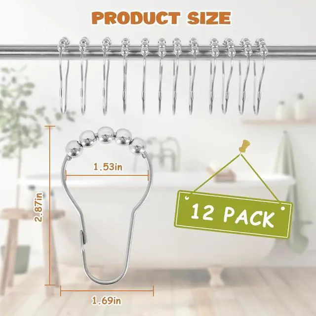 Alt view image 4 of 7 - 12 Shower Curtain Hooks, Suitable for Bathroom Shower rods for Rust-Proof Decorative Stainless Steel Shower Curtain Hooks, Silver