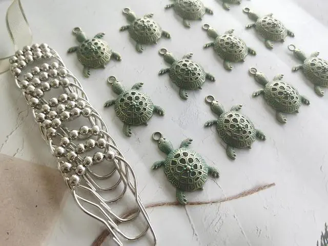 Alt view image 3 of 6 - Green Sea Turtle Shower Curtain Rings Silver Shower Curtain Hooks