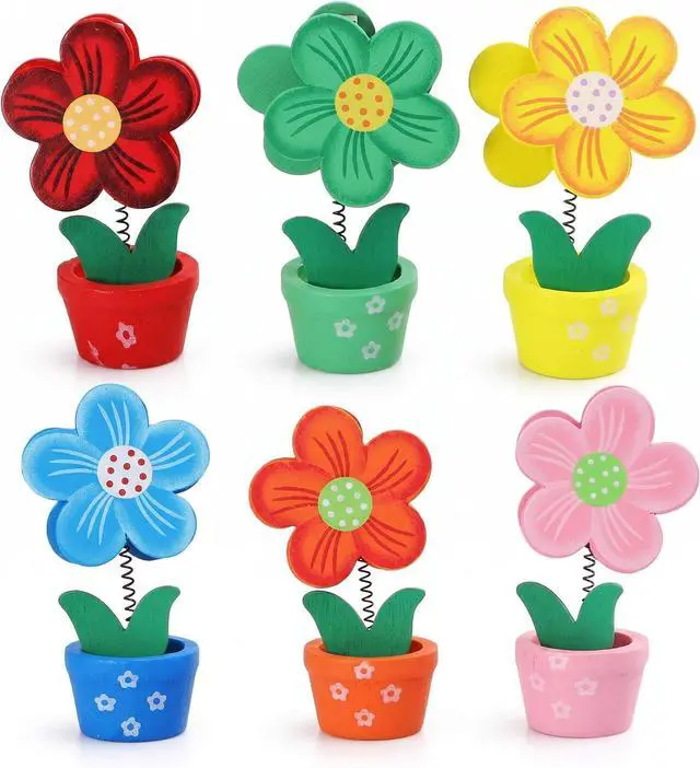 Main image of 6 Pcs Wooden Flower Pot Memo Clips Assorted Color 3.93 in
