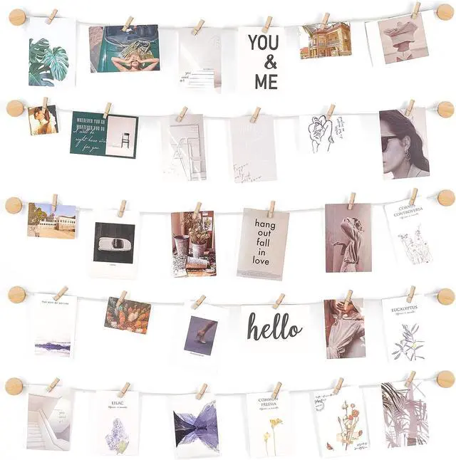 Main image of Mkono Hanging Photo Display Pictures Wall Decor 5 Rope Strings with 30 Clips Multi Pictures Cards Holder Teen Girl Room Wall Art for Bedroom, Nursery, Dorm Room, Birthday Christmas Gift, Ivory