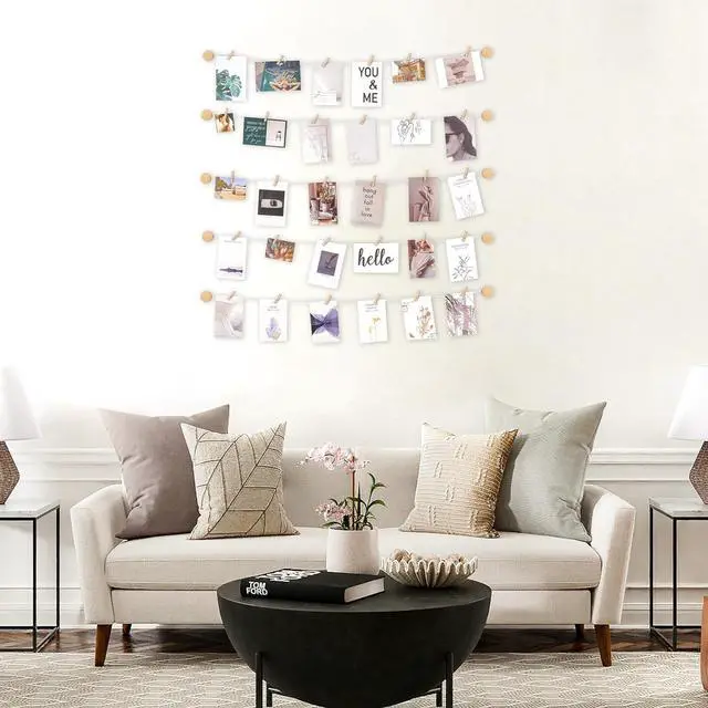 Alt view image 2 of 6 - Mkono Hanging Photo Display Pictures Wall Decor 5 Rope Strings with 30 Clips Multi Pictures Cards Holder Teen Girl Room Wall Art for Bedroom, Nursery, Dorm Room, Birthday Christmas Gift, Ivory