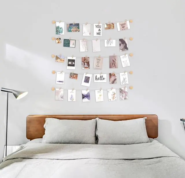 Alt view image 3 of 6 - Mkono Hanging Photo Display Pictures Wall Decor 5 Rope Strings with 30 Clips Multi Pictures Cards Holder Teen Girl Room Wall Art for Bedroom, Nursery, Dorm Room, Birthday Christmas Gift, Ivory