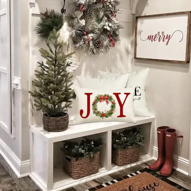 Alt view image 3 of 7 - Christmas Pillow Covers 12x20,Joy Wreath Outdoor Lumbar Decoration for Home