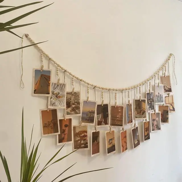 Alt view image 2 of 6 - Hanging Photo Display with 22 Clips, Wooden Bead Garland, Boho Style Collage Photo Frame Decoration for Dorms, Classrooms, Bedrooms