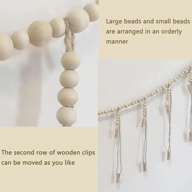 Alt view image 3 of 6 - Hanging Photo Display with 22 Clips, Wooden Bead Garland, Boho Style Collage Photo Frame Decoration for Dorms, Classrooms, Bedrooms