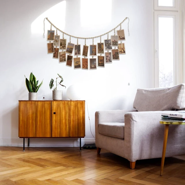 Alt view image 5 of 6 - Hanging Photo Display with 22 Clips, Wooden Bead Garland, Boho Style Collage Photo Frame Decoration for Dorms, Classrooms, Bedrooms