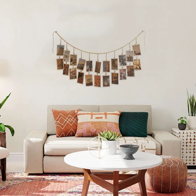 Alt view image 6 of 6 - Hanging Photo Display with 22 Clips, Wooden Bead Garland, Boho Style Collage Photo Frame Decoration for Dorms, Classrooms, Bedrooms