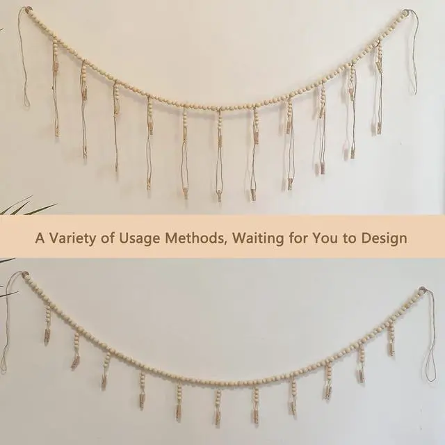 Alt view image 4 of 6 - Hanging Photo Display with 22 Clips, Wooden Bead Garland, Boho Style Collage Photo Frame Decoration for Dorms, Classrooms, Bedrooms