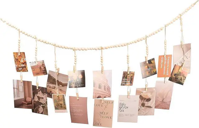Main image of Boho Wooden Bead Wall Hanging Photo Display with 18 Wood Clips