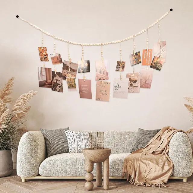 Alt view image 2 of 6 - Boho Wooden Bead Wall Hanging Photo Display with 18 Wood Clips