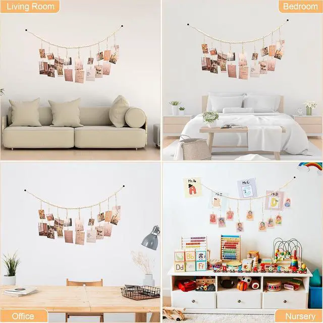 Alt view image 3 of 6 - Boho Wooden Bead Wall Hanging Photo Display with 18 Wood Clips