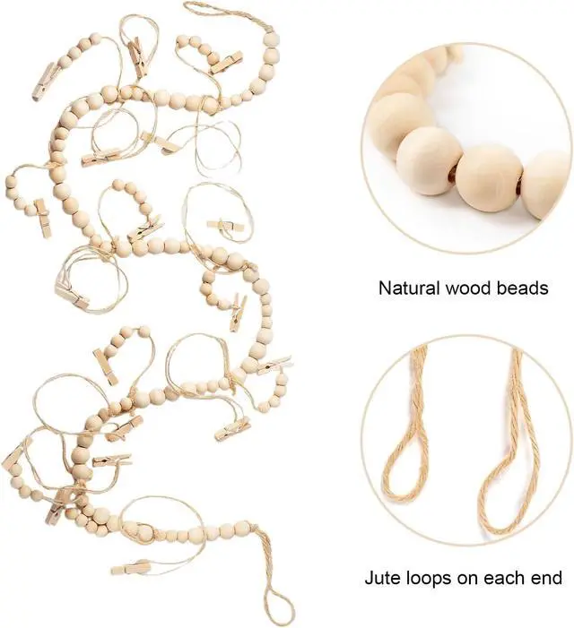Alt view image 4 of 6 - Boho Wooden Bead Wall Hanging Photo Display with 18 Wood Clips