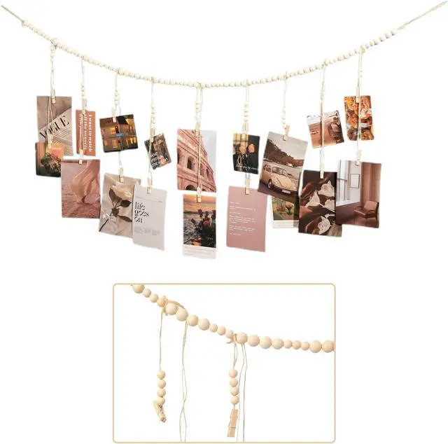 Alt view image 5 of 6 - Boho Wooden Bead Wall Hanging Photo Display with 18 Wood Clips