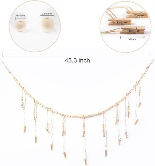 Alt view image 6 of 6 - Boho Wooden Bead Wall Hanging Photo Display with 18 Wood Clips