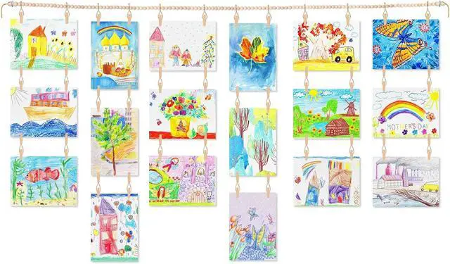 Main image of Art Display for Kids Artwork, 65" L Wood Beads Garland 36 Clips