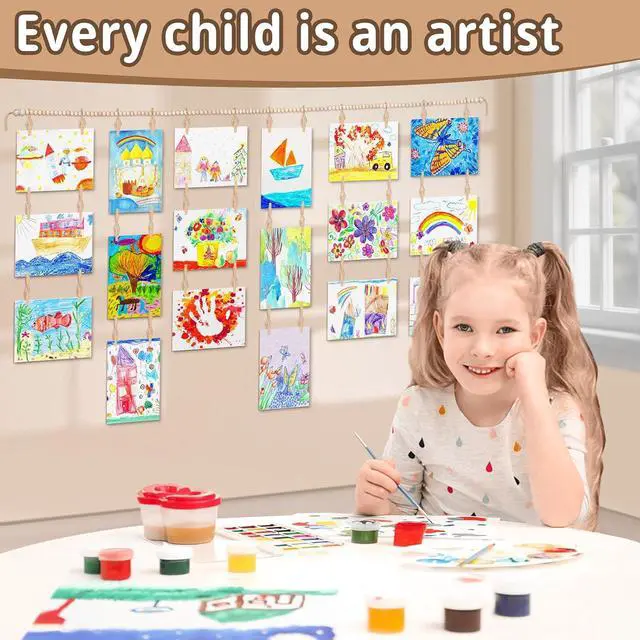 Alt view image 2 of 7 - Art Display for Kids Artwork, 65" L Wood Beads Garland 36 Clips