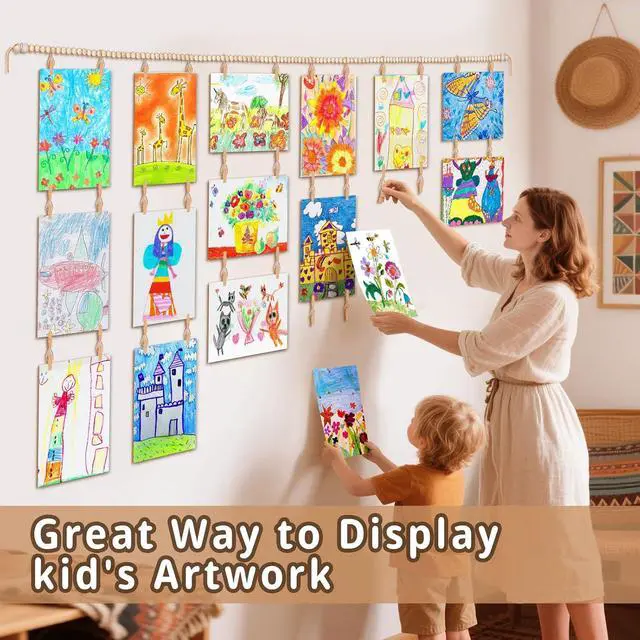 Alt view image 3 of 7 - Art Display for Kids Artwork, 65" L Wood Beads Garland 36 Clips