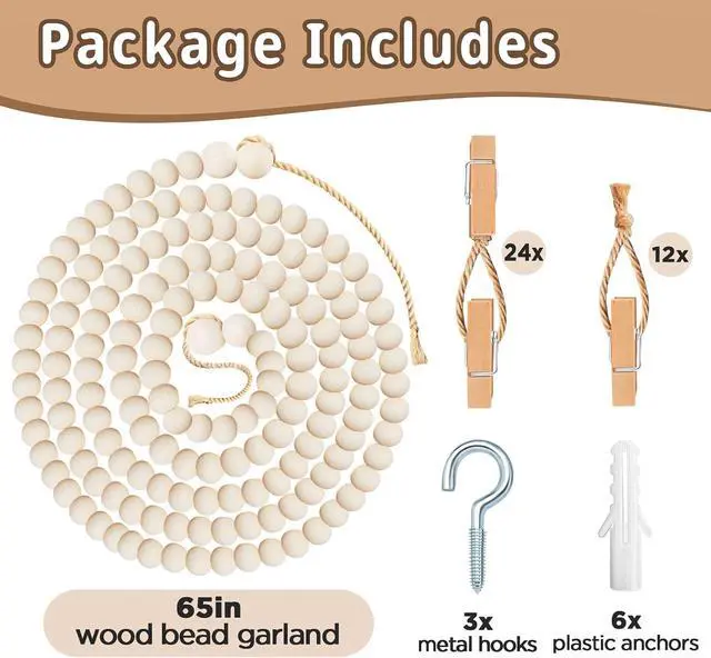 Alt view image 4 of 7 - Art Display for Kids Artwork, 65" L Wood Beads Garland 36 Clips