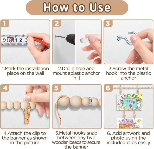 Alt view image 5 of 7 - Art Display for Kids Artwork, 65" L Wood Beads Garland 36 Clips