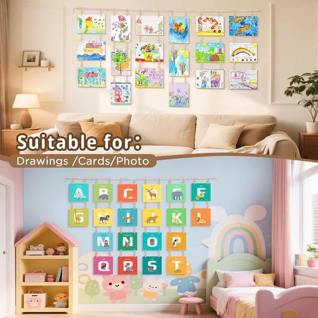 Alt view image 6 of 7 - Art Display for Kids Artwork, 65" L Wood Beads Garland 36 Clips