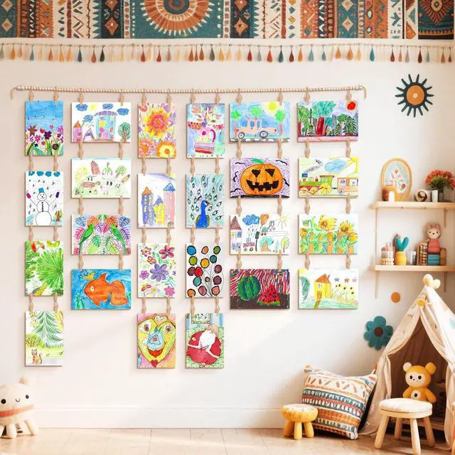 Alt view image 7 of 7 - Art Display for Kids Artwork, 65" L Wood Beads Garland 36 Clips