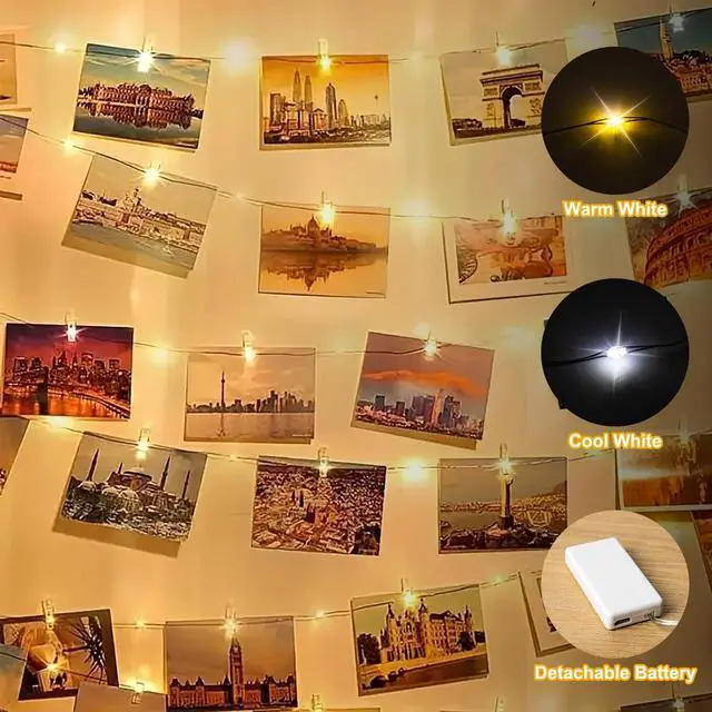 Alt view image 3 of 7 - 17FT 100LEDs Rechargeable Photo Clips String Light,Remote Control,3 Off Timer,Tangle-Free,Detachable Battery Operated Fairy Lights,Dorm Room Essential for Girl,Christmas(Cool+Warm White,1Pack)