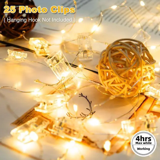 Alt view image 5 of 7 - 17FT 100LEDs Rechargeable Photo Clips String Light,Remote Control,3 Off Timer,Tangle-Free,Detachable Battery Operated Fairy Lights,Dorm Room Essential for Girl,Christmas(Cool+Warm White,1Pack)