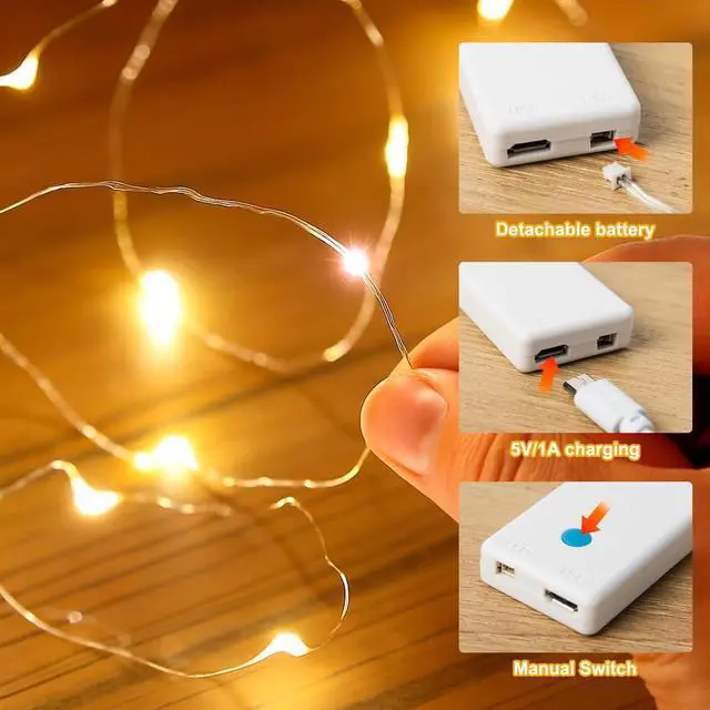 Alt view image 7 of 7 - 17FT 100LEDs Rechargeable Photo Clips String Light,Remote Control,3 Off Timer,Tangle-Free,Detachable Battery Operated Fairy Lights,Dorm Room Essential for Girl,Christmas(Cool+Warm White,1Pack)