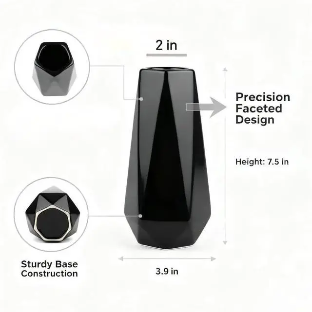 Alt view image 2 of 6 - Modern Black Ceramic Vase, 7.5 Inch Geometric Flower vases, Minimalist Design for Table Shelf Centerpiece Home Decor Fit for Housewarming, Weddings, Birthday,Christmas