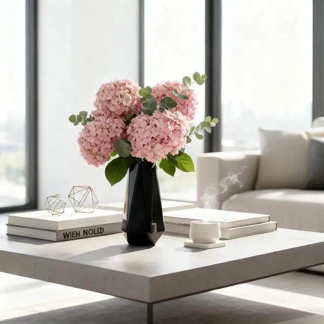 Alt view image 4 of 6 - Modern Black Ceramic Vase, 7.5 Inch Geometric Flower vases, Minimalist Design for Table Shelf Centerpiece Home Decor Fit for Housewarming, Weddings, Birthday,Christmas