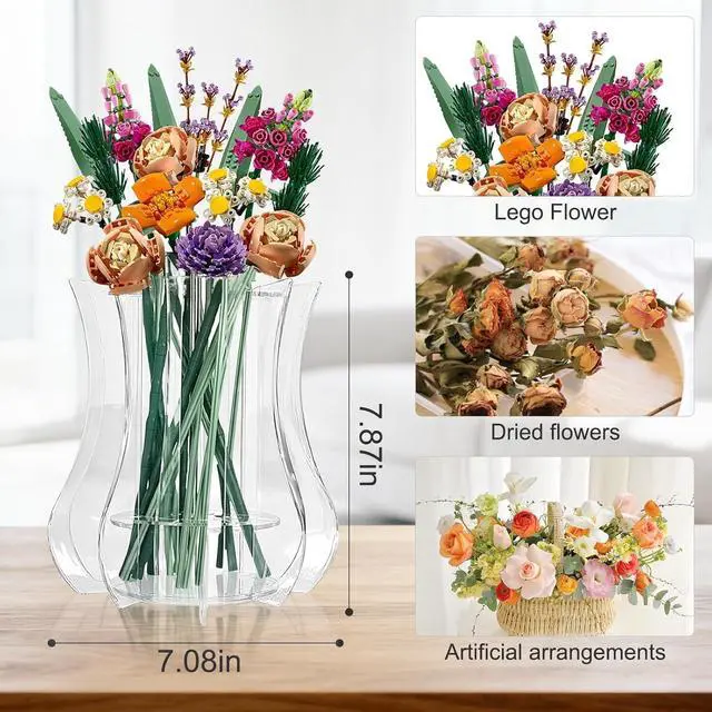 Alt view image 3 of 7 - Vase for Lego Flowers Bouquet, for Mom, Acrylic Display Holder Compatible with Lego Botanical Collections Roses Sunflowers, for Lego Flower Building Set Lovers, Crystal Clear